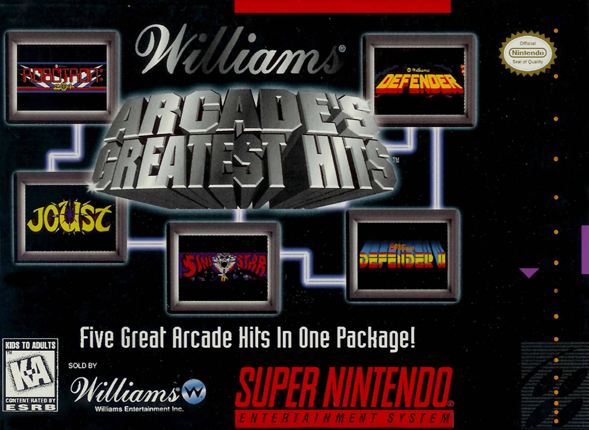 Williams Arcade's Greatest Hits box art for Super Nintendo